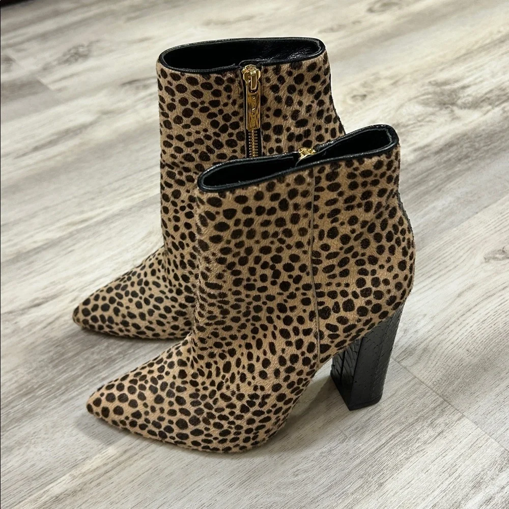 Michael Kors Leopard Calf Hair Embossed Leather Gold Zip Chunky Heel Ankle Boots